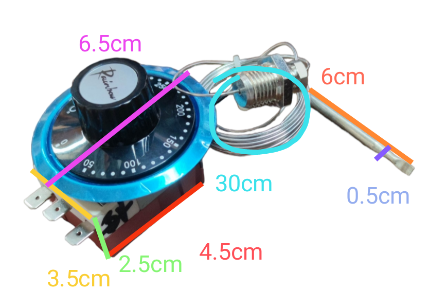 Grippes water dispenser part featuring a Rainbow thermostat 0 to 320 degrees with detailed measurements