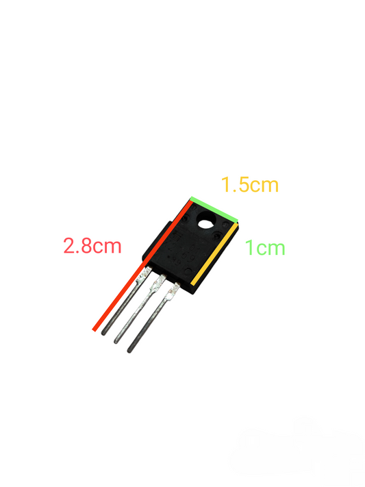 Rare electronic transistors Manila showing a black transistor with three metal legs and size measurements