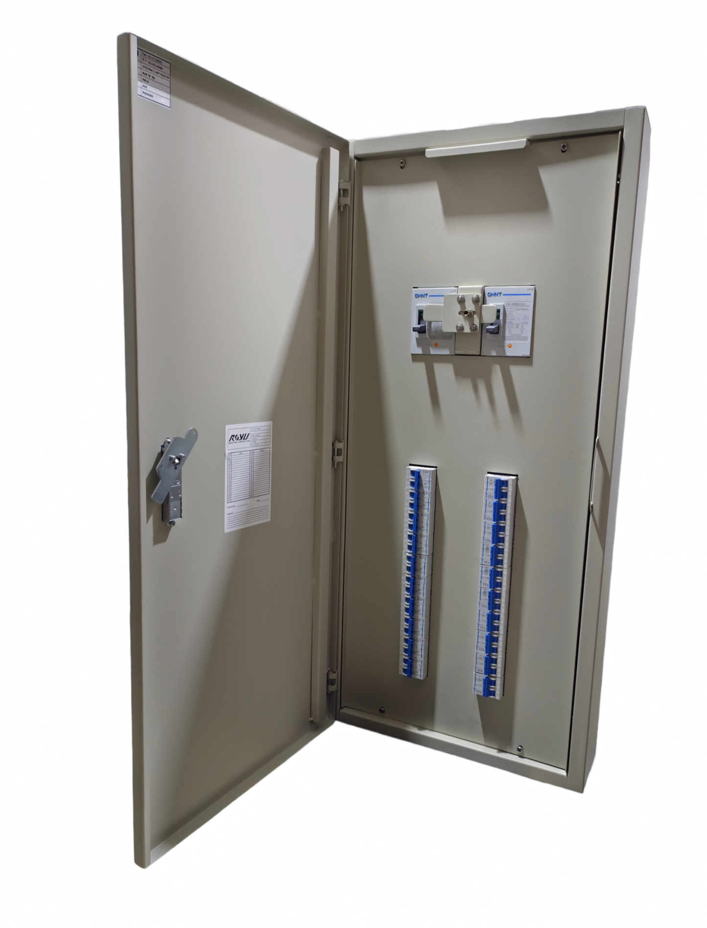 Chint metal electrical enclosure open showing 225A 2 pole MCCB panel board with two blue breaker rails
