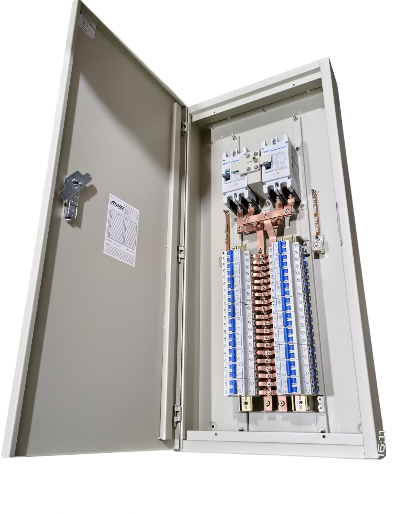 Chint 225A 2 pole MCCB panel board distribution cabinet with copper busbars and MCB rows for commercial electrical distribution