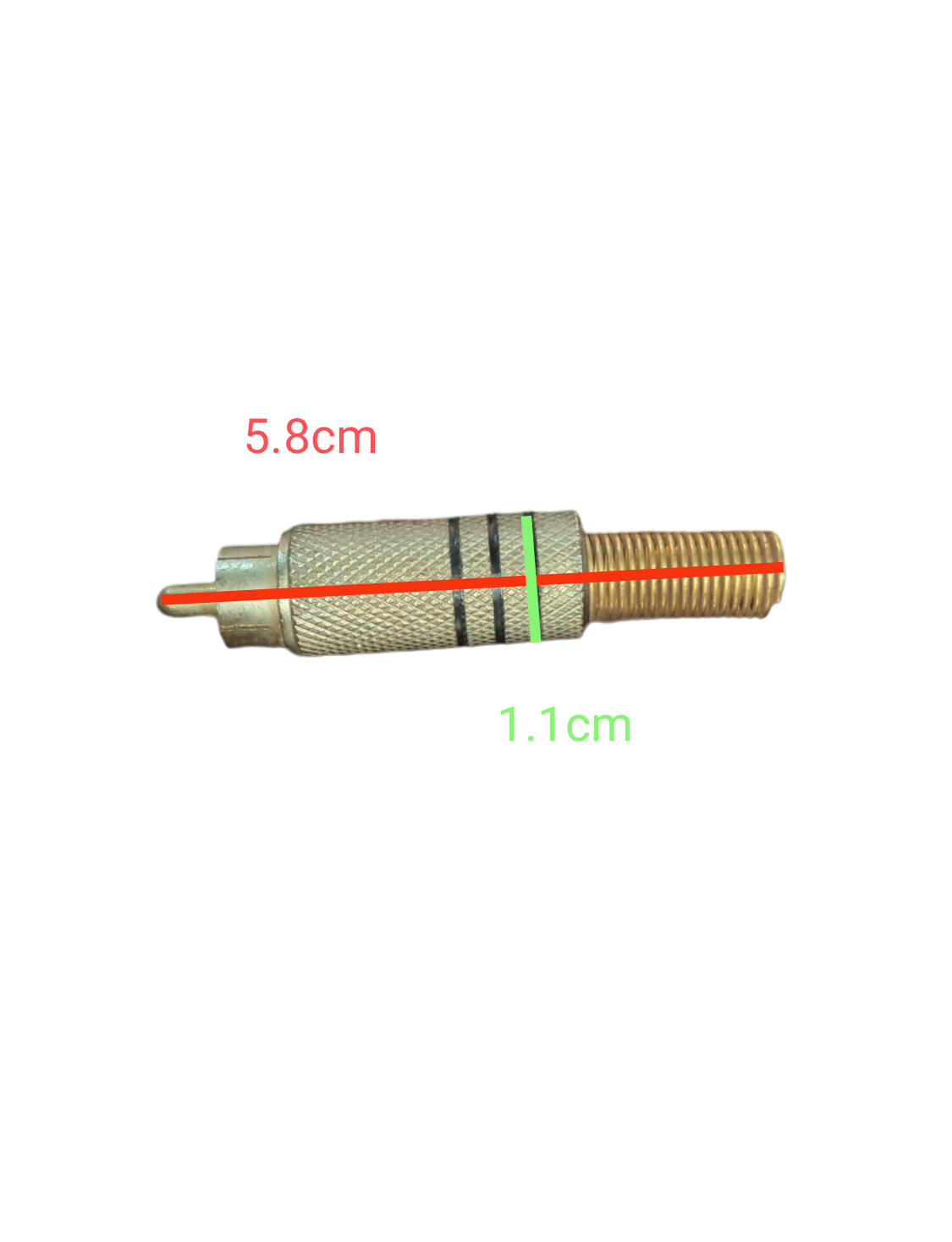 RCA plug connector 3 Lines with metal casing, measuring 5.8cm in length and 1.1cm in diameter