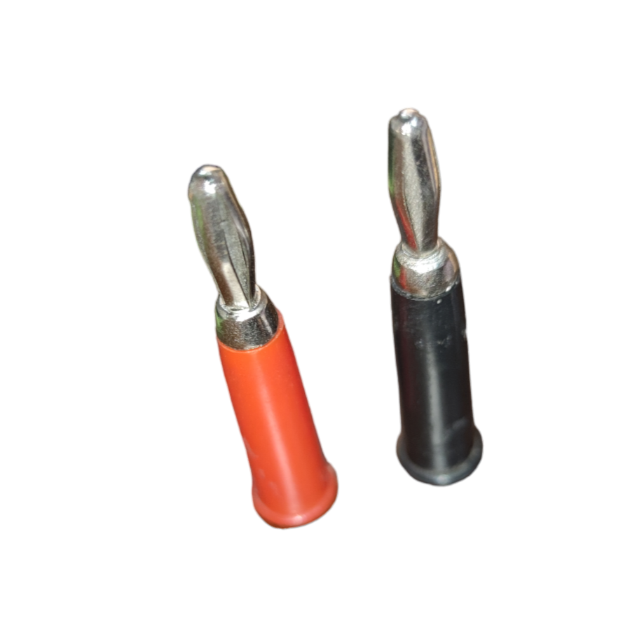Red and black banana plug pair with metal connectors for electrical circuitry and parts