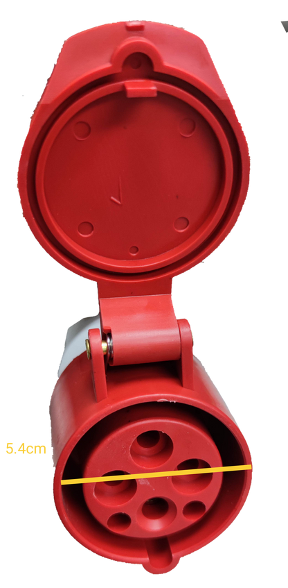 Grippes industrial outlet cord connector 16A in red with five connection ports for reliable electrical wiring