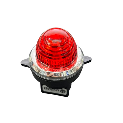 Auspicious red panel indicator light 220 volt with a dome shape and a chrome ring for easy visibility.