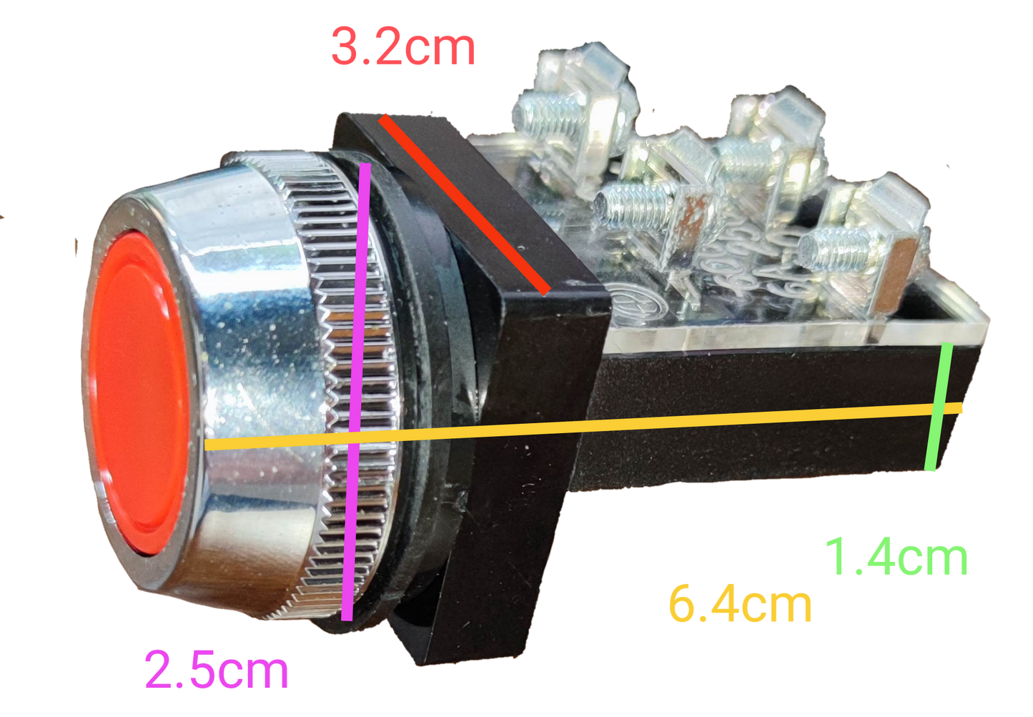 Auspicious red push button switch 25mm with metallic rim and electrical connectors on black background