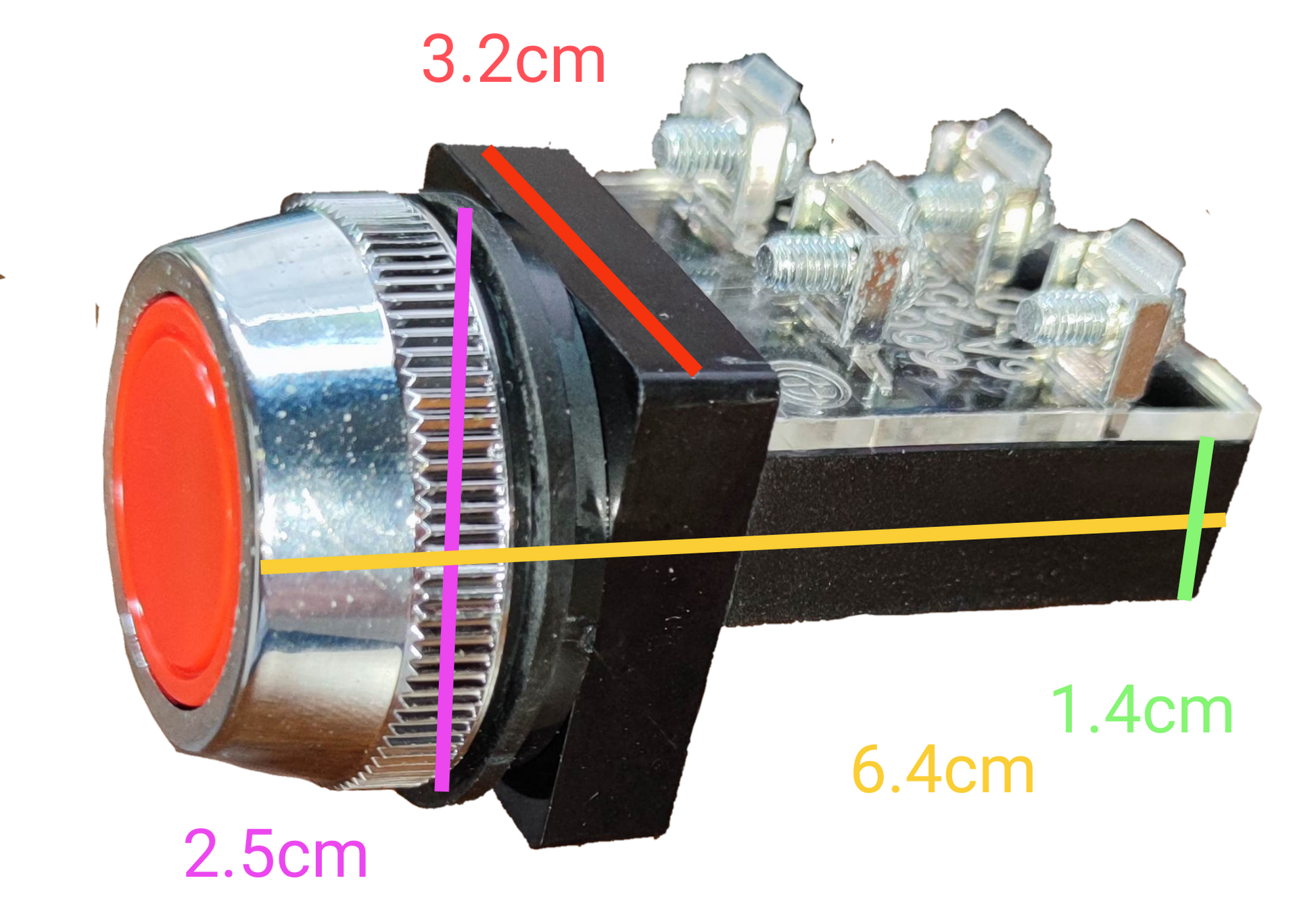 Auspicious red push button switch 25mm with metallic rim and electrical connectors on black background