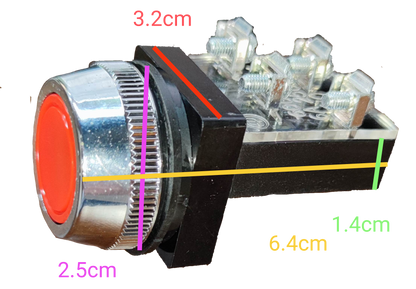 Auspicious red push button switch 25mm with metallic rim and electrical connectors on black background