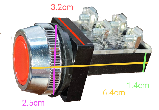 Auspicious red push button switch 25mm with metallic rim and electrical connectors on black background