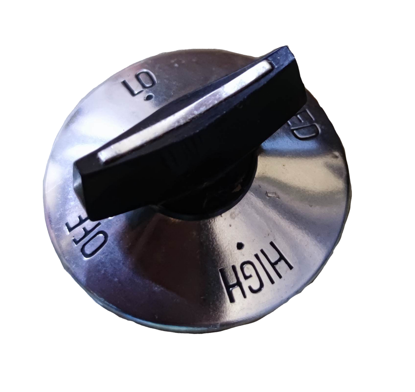 Chrome stove burner metal plate control knob with black handle showing OFF LOW HIGH for gas range