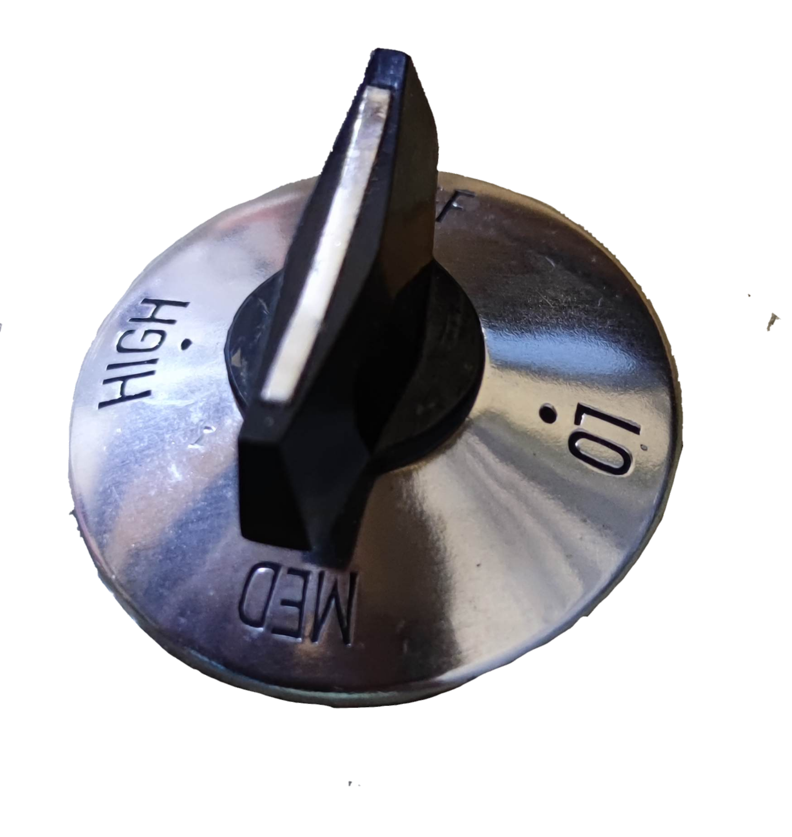 China metal plate control knob for stove with chrome dial and black plastic pointer marked High Med Lo