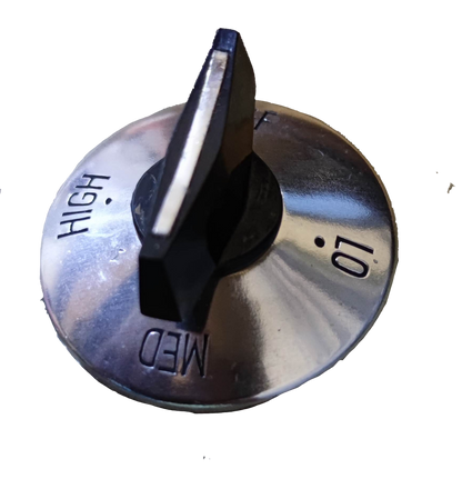 China metal plate control knob for stove with chrome dial and black plastic pointer marked High Med Lo