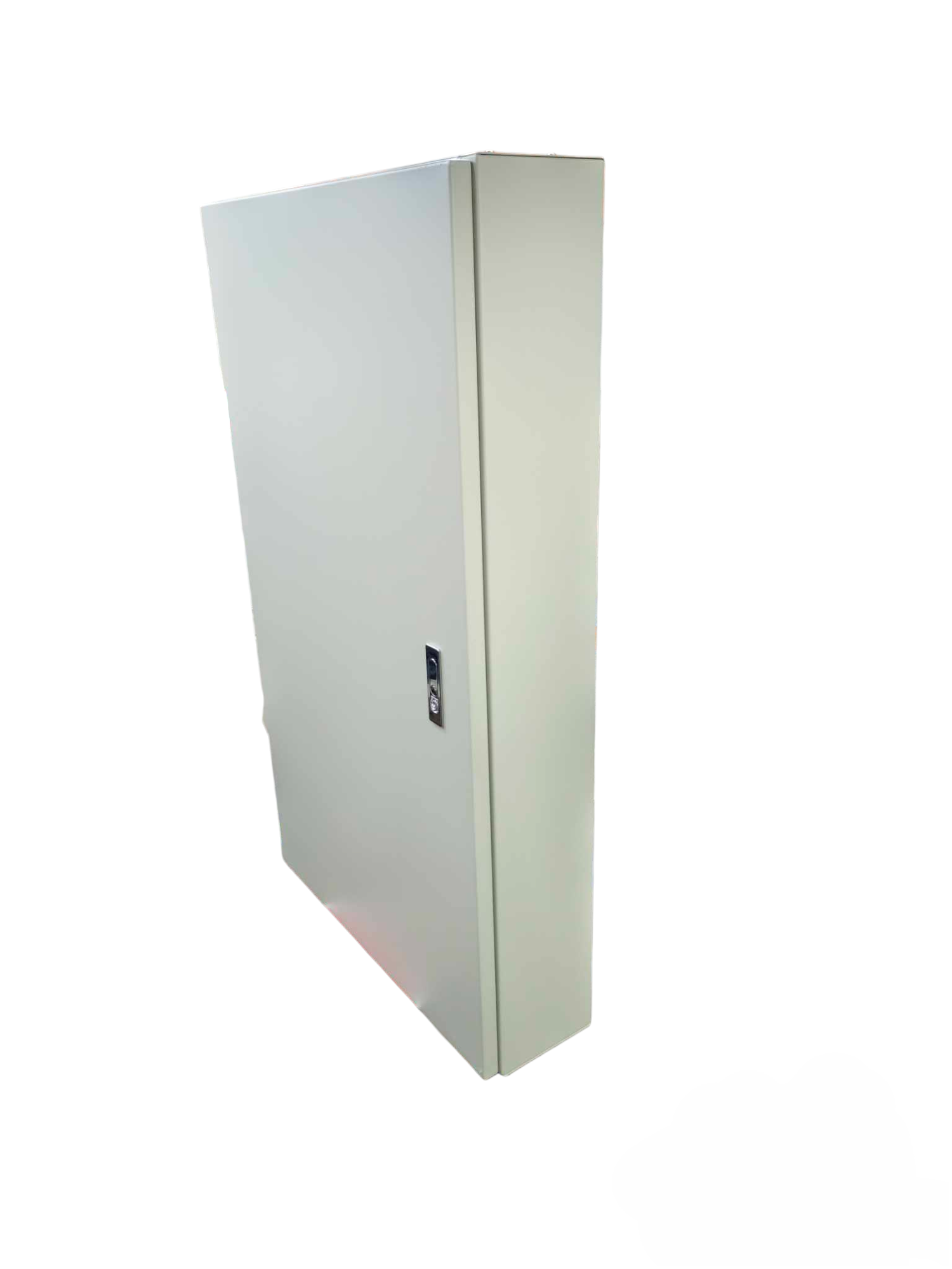 Schneider 3 pole main circuit breaker panel in a closed gray metal enclosure for electrical safety