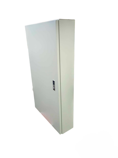 Schneider 3 pole main circuit breaker panel in a closed gray metal enclosure for electrical safety