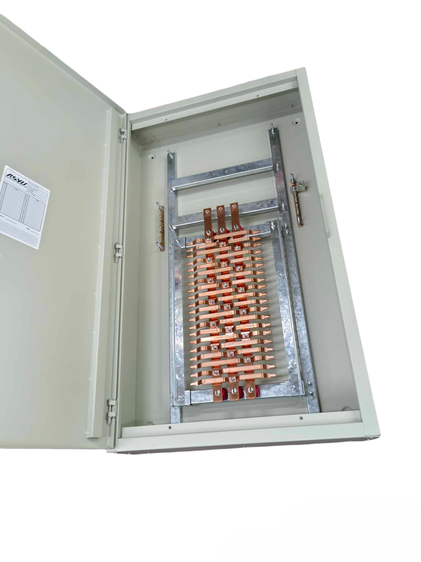 Schneider 3 pole main circuit breaker panel with metal frame and copper busbars inside gray enclosure