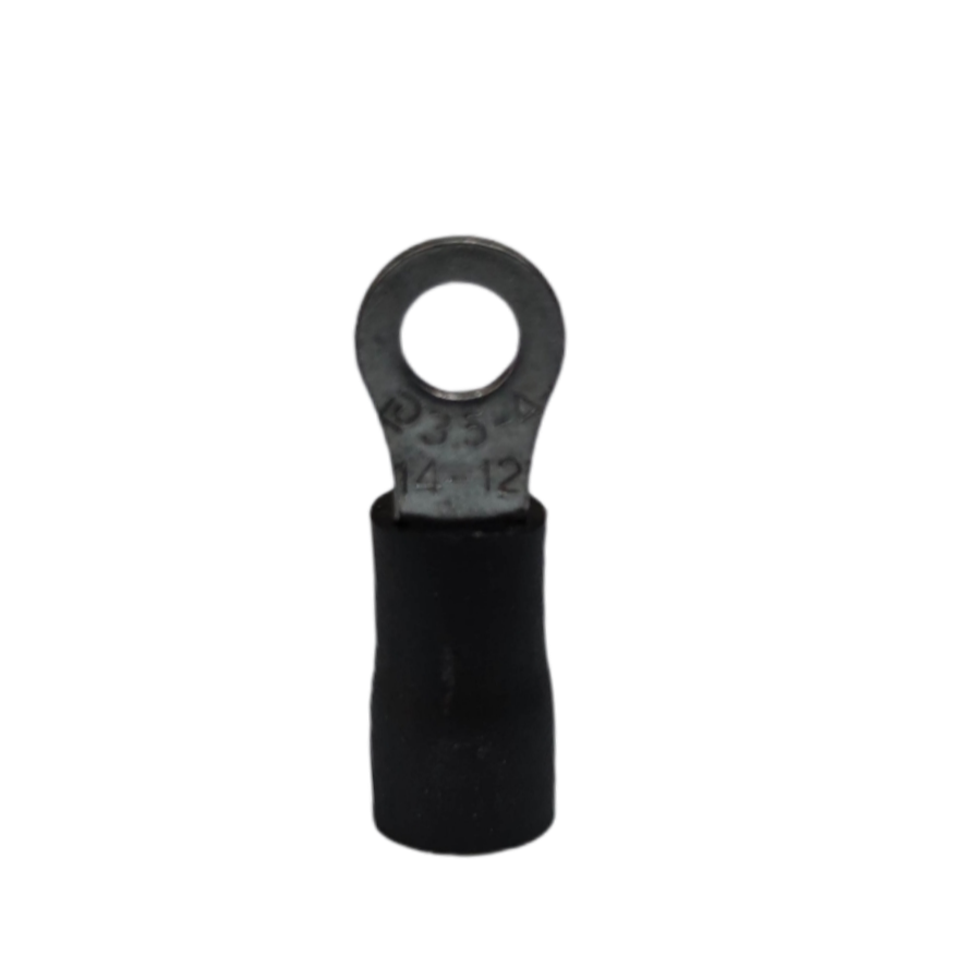 Black ring type terminal lugs for wiring with a metal eyelet for secure connections
