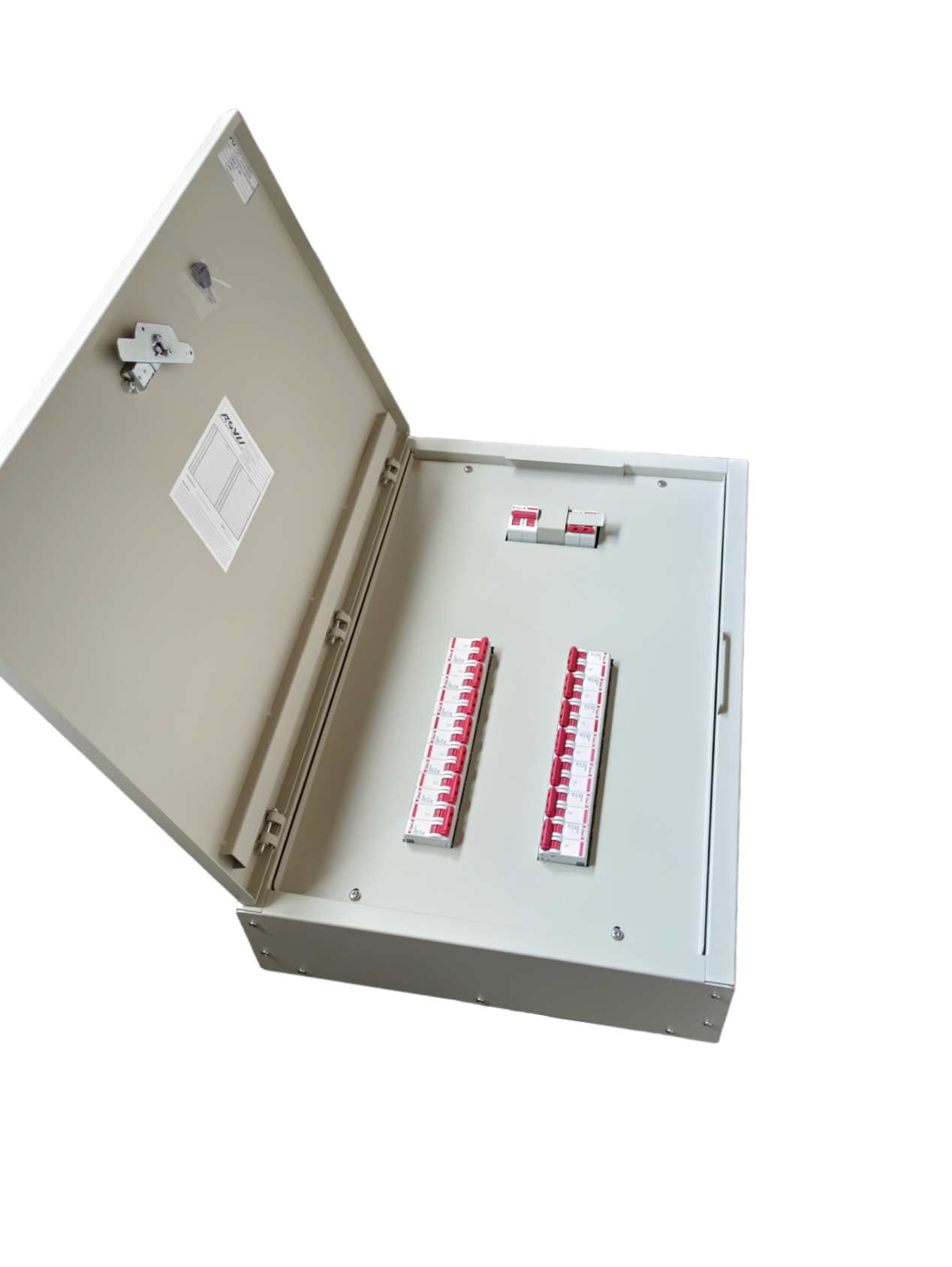 MTS Main 63A 2Pole with 14 Branches 2 Pole Electx Electrical Supply open metal distribution box showing two rows of breakers