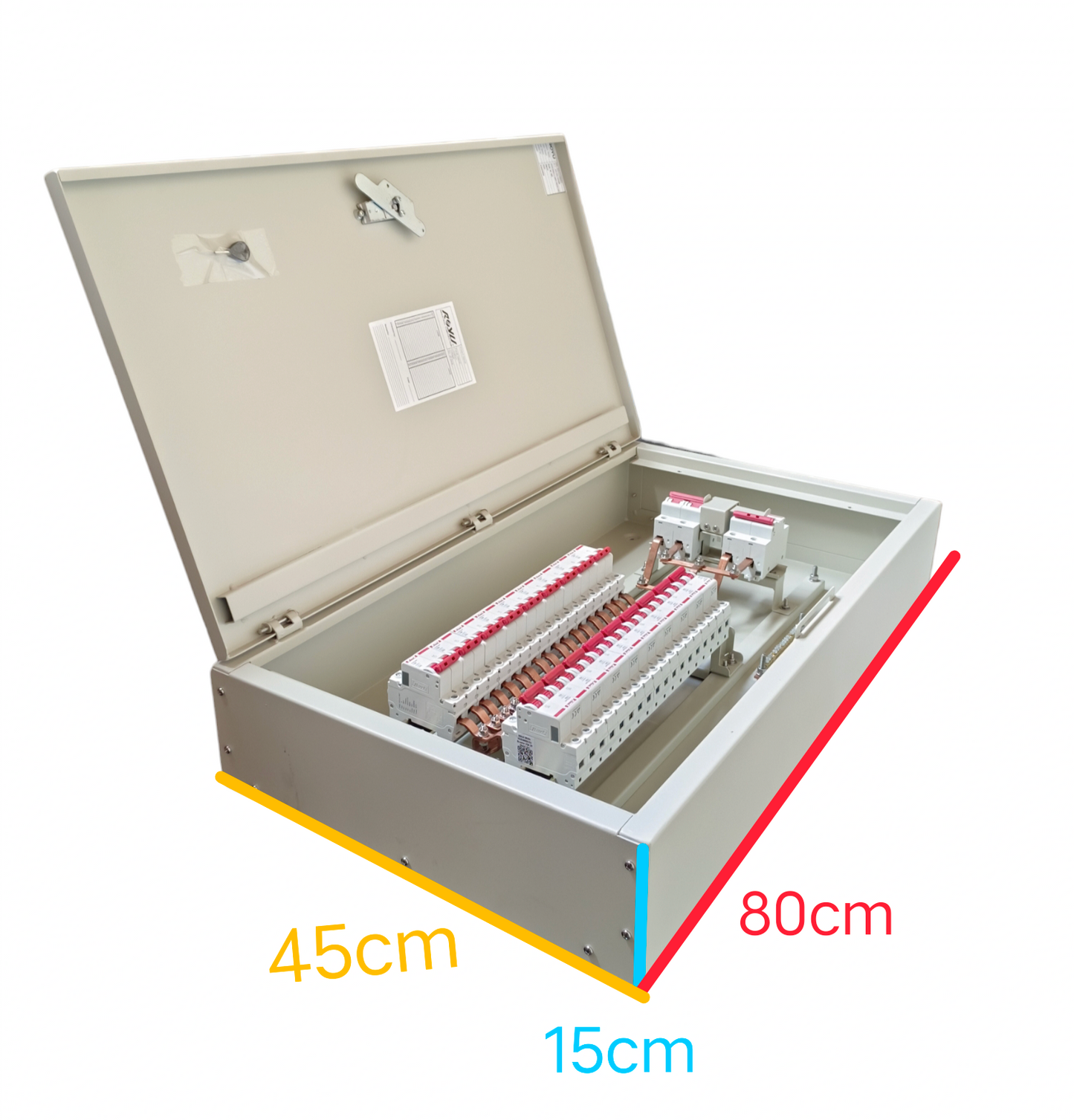Electx metal junction box open showing busbars and breakers MTS Main 63A 2Pole with 14 Branches 2 Pole 80 cm by 45 cm by 15 cm