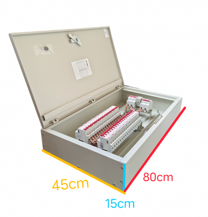 Electx metal junction box open showing busbars and breakers MTS Main 63A 2Pole with 14 Branches 2 Pole 80 cm by 45 cm by 15 cm