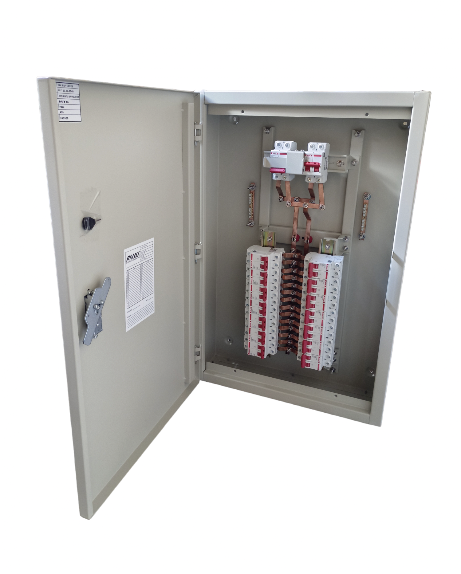 Electx Electrical Supply MTS Main 63A 2Pole with 14 Branches 2 Pole metal distribution panel with open door and breakers