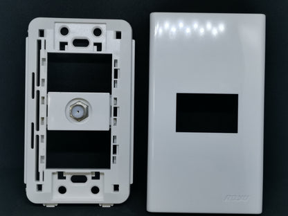 Royu white wall plate and mounting frame showing 1 Gang F Jack Thread Type Outlet coax connector for TV cable