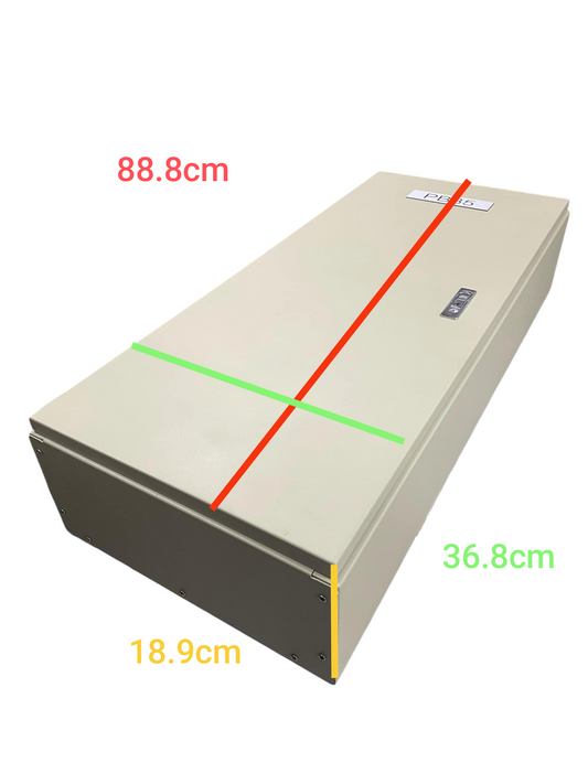 Beige metal distribution box with measurements, Chint MTS main breaker with 18 branches. wall mount enclosure
