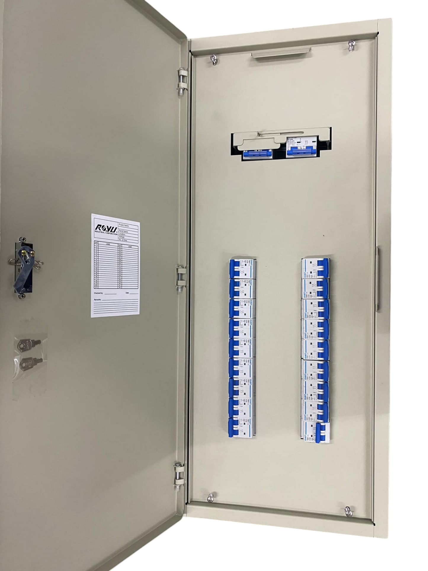 Chint miniature circuit breaker panel 18 branches inside metal enclosure showing two vertical breaker rows
