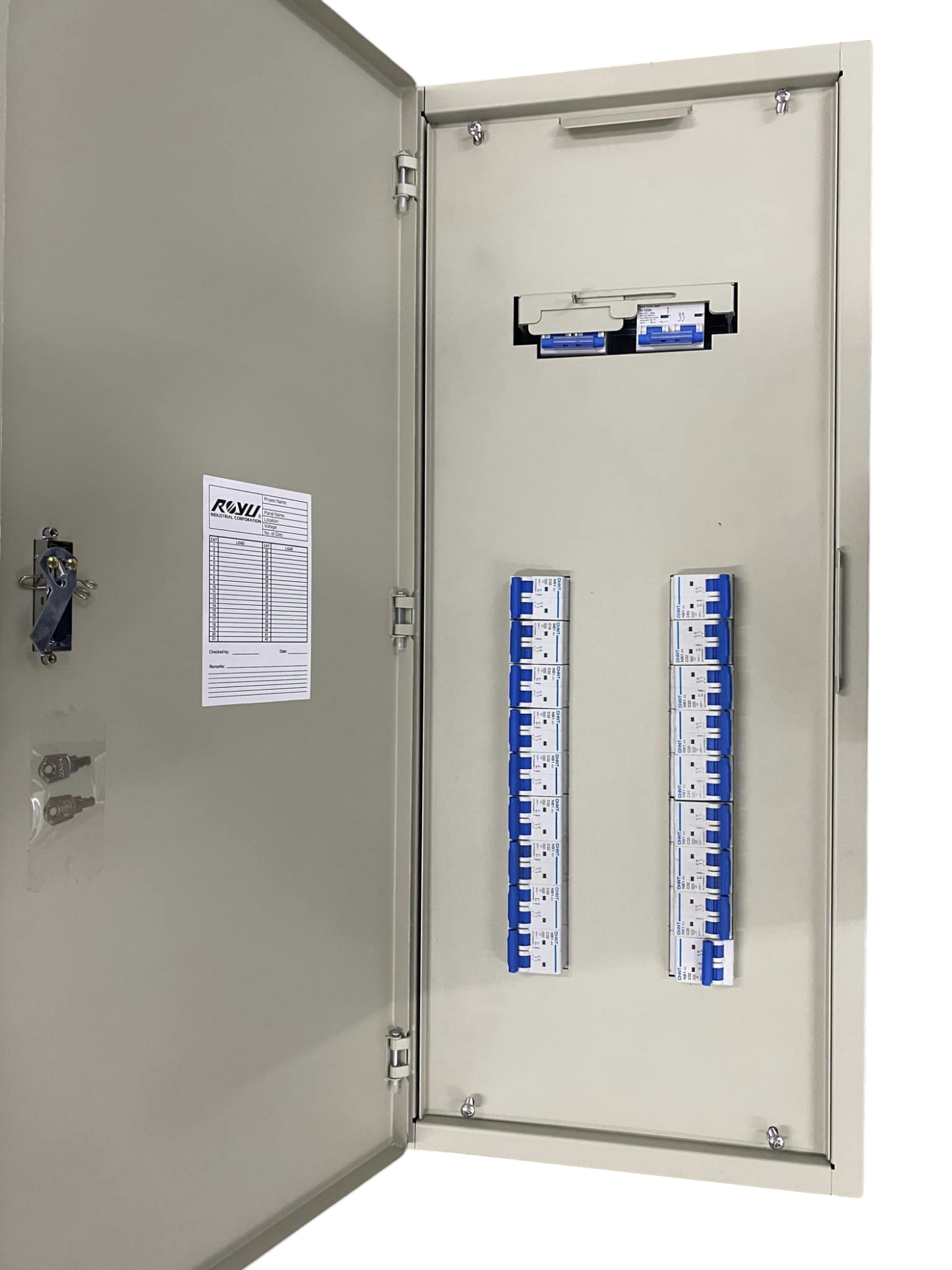 Chint miniature circuit breaker panel 18 branches inside metal enclosure showing two vertical breaker rows