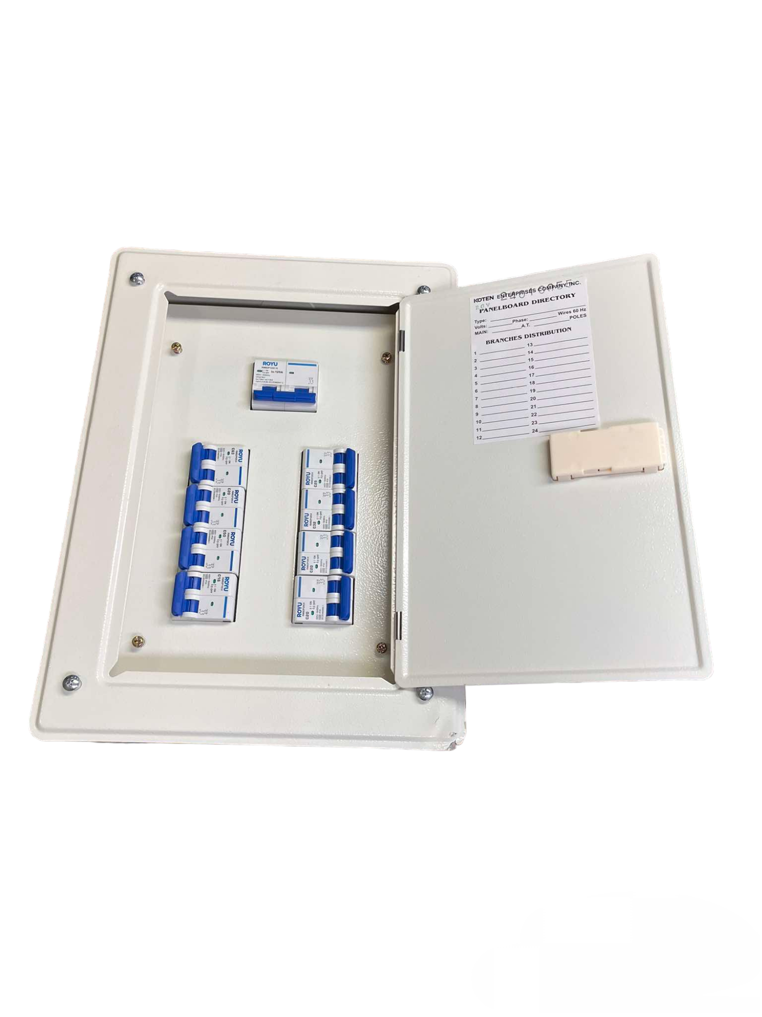 Royu & Koten Panel Board with 125A 2Pole Main electrical circuitry and parts white enclosure