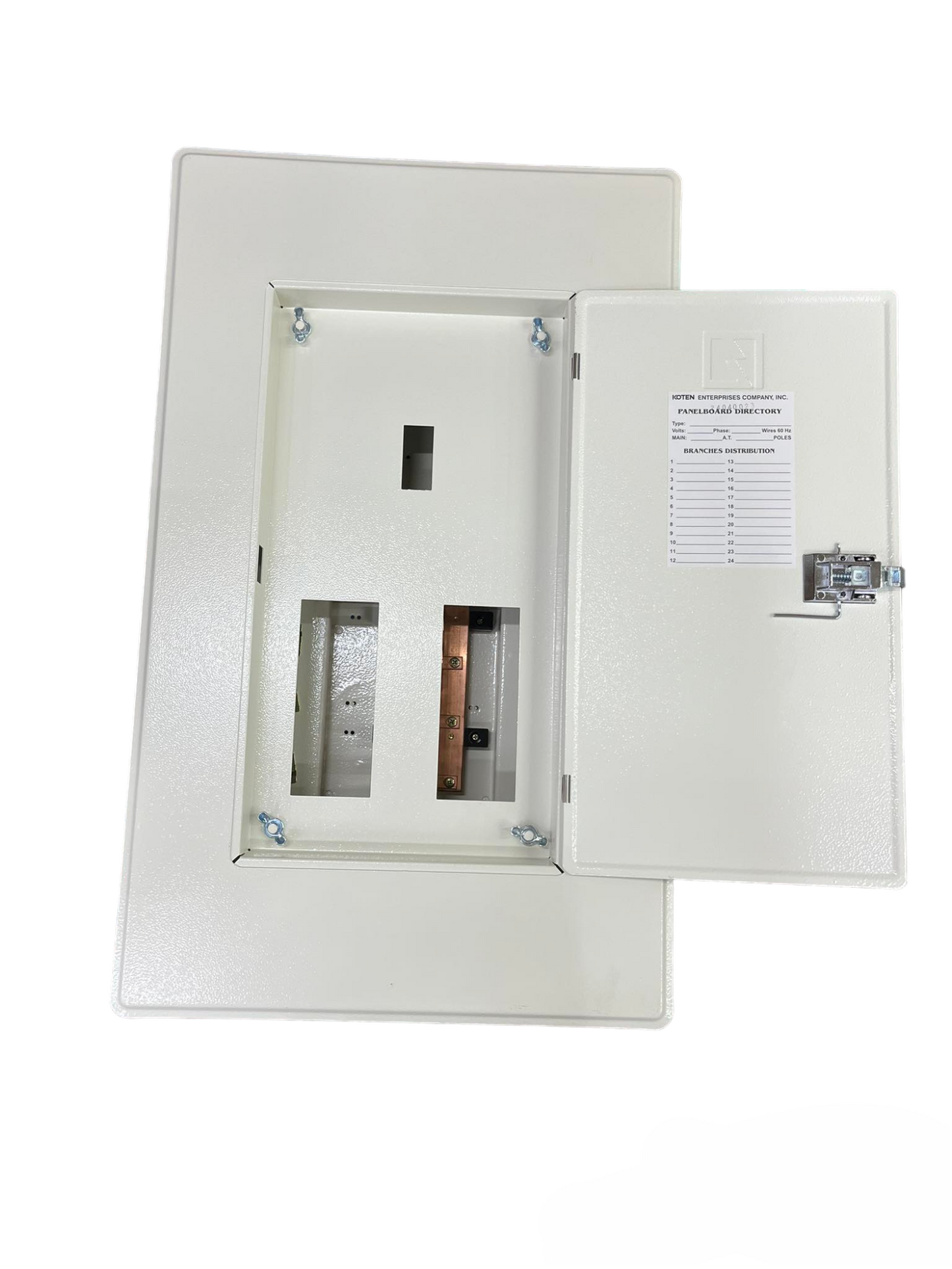 Koten 6 Branches 225A 2P Main Pane Board metal distribution panel with open door showing copper bus bars