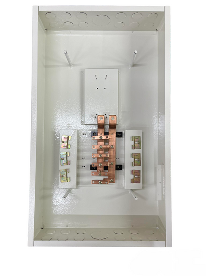 Koten Panel Board 175A 2P with 6 branches 2P B-On. Interior view with copper bus bars and breaker terminals