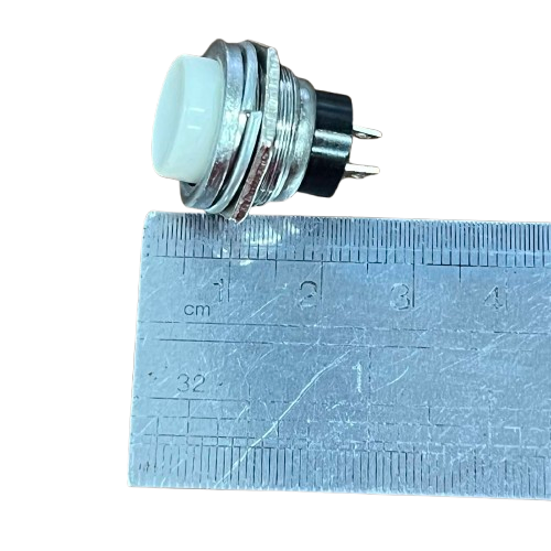 Round Push Button 1A 220V White with metal casing and measurement ruler for size reference