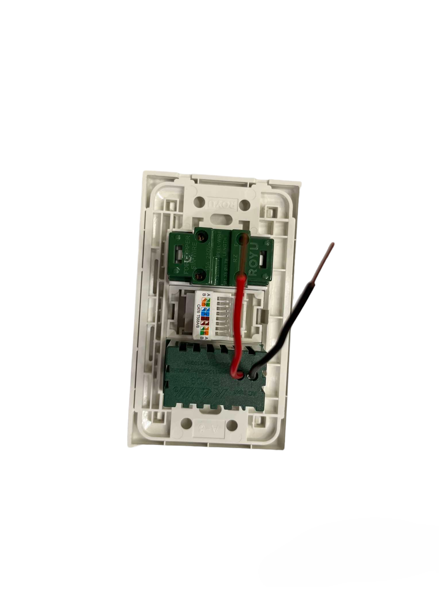Royu internal view of white wall power module showing wiring and circuit board 3 Gang 2 Port USB 2100mAh 5VDC