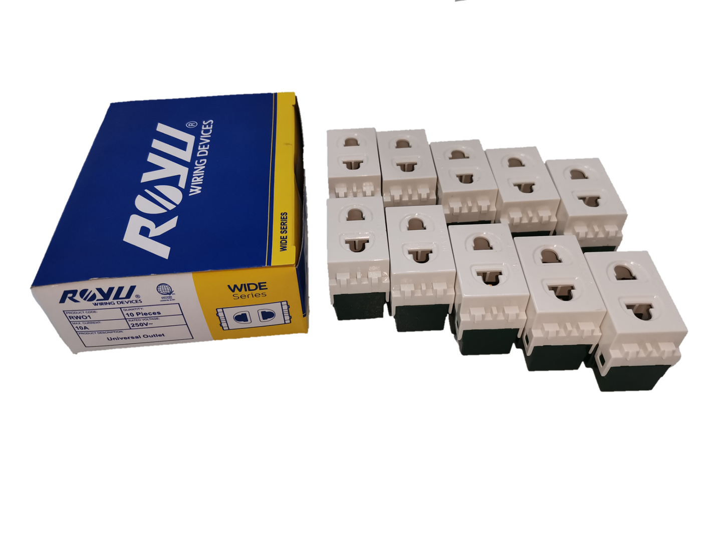 Royu Universal Outlet Receptacle 10A 250V white electrical sockets with blue and yellow packaging box