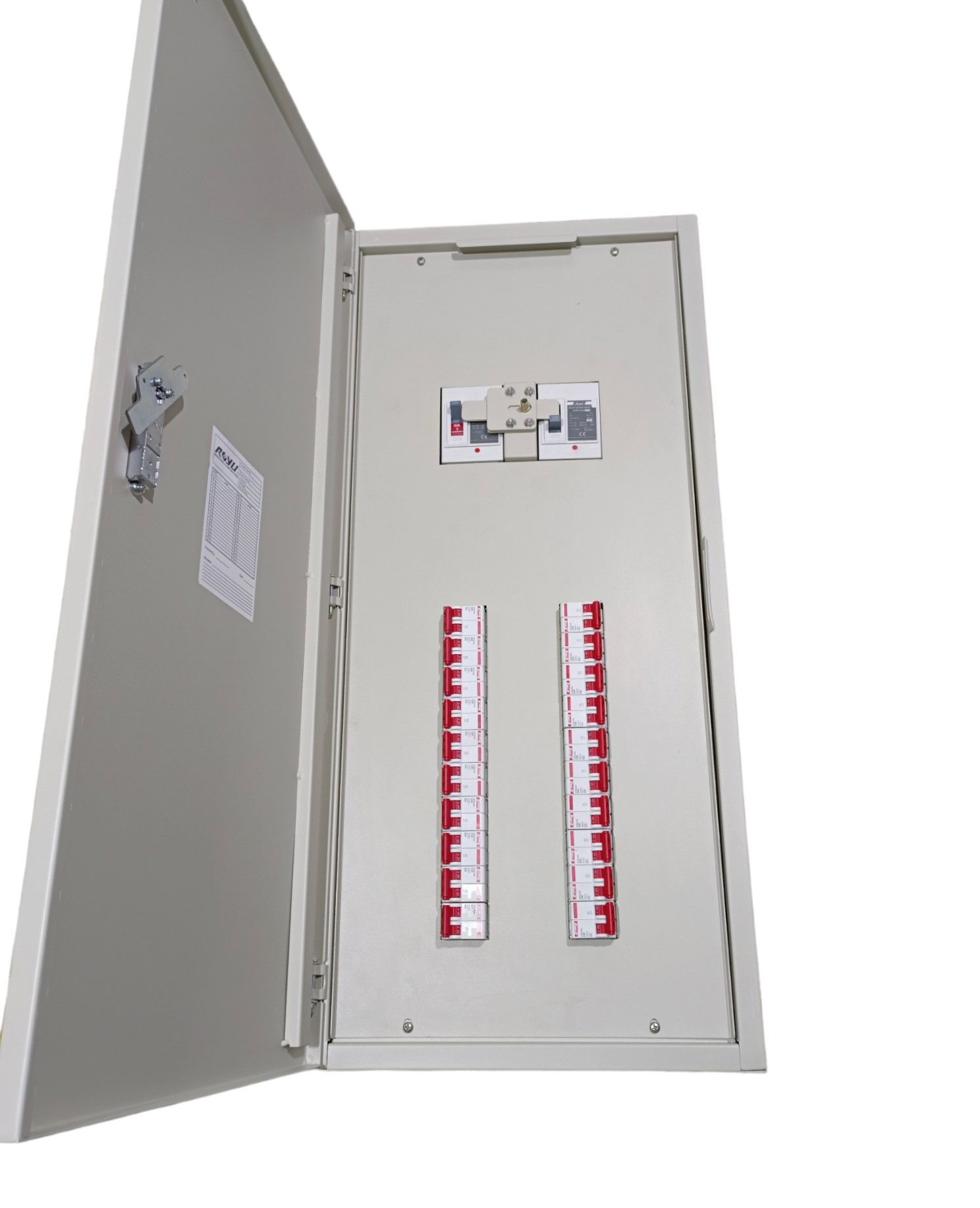 Chint 200A 2 pole main MCCB panel board with open gray metal enclosure and two rows of red circuit breakers