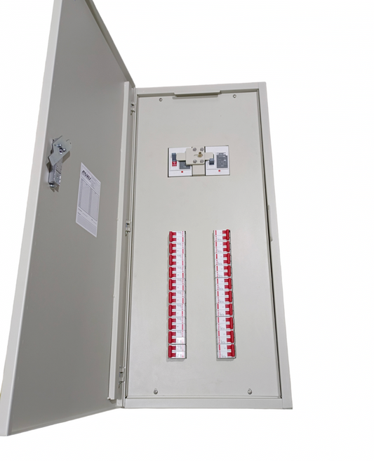 Chint 200A 2 pole main MCCB panel board with open gray metal enclosure and two rows of red circuit breakers