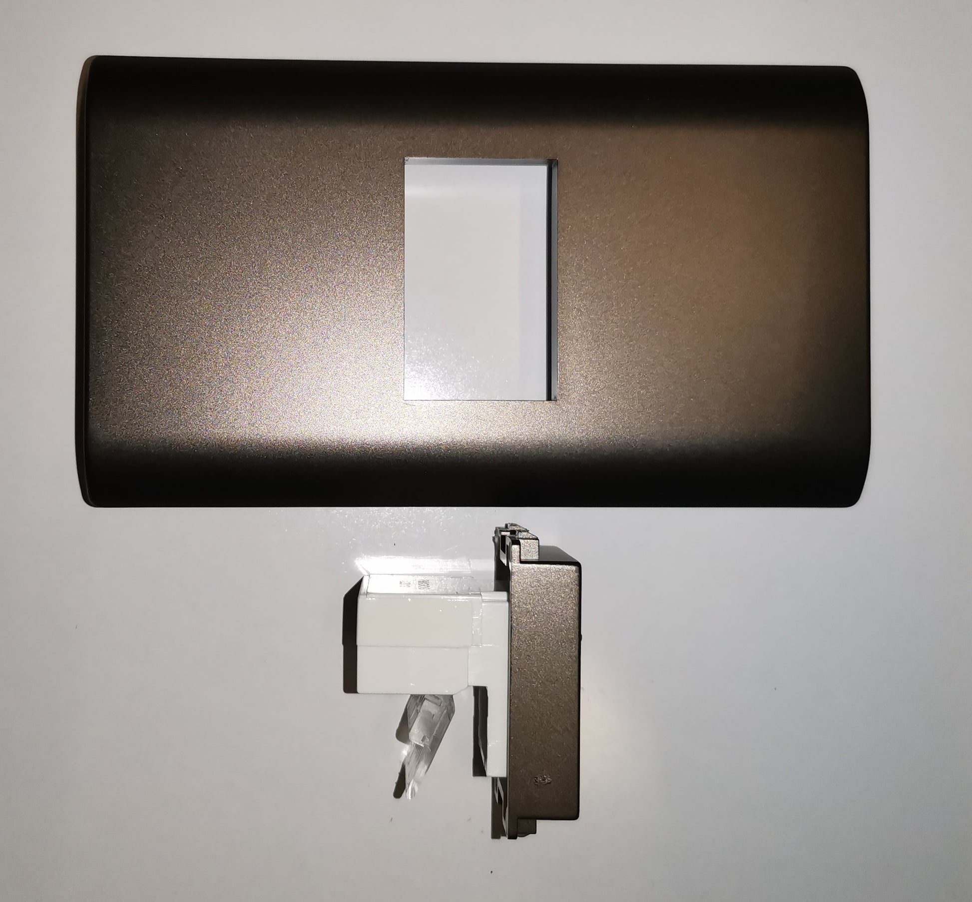 Royu 1 Gang LAN Outlet with Plate Dark Gray disassembled showing dark gray faceplate and white keystone module