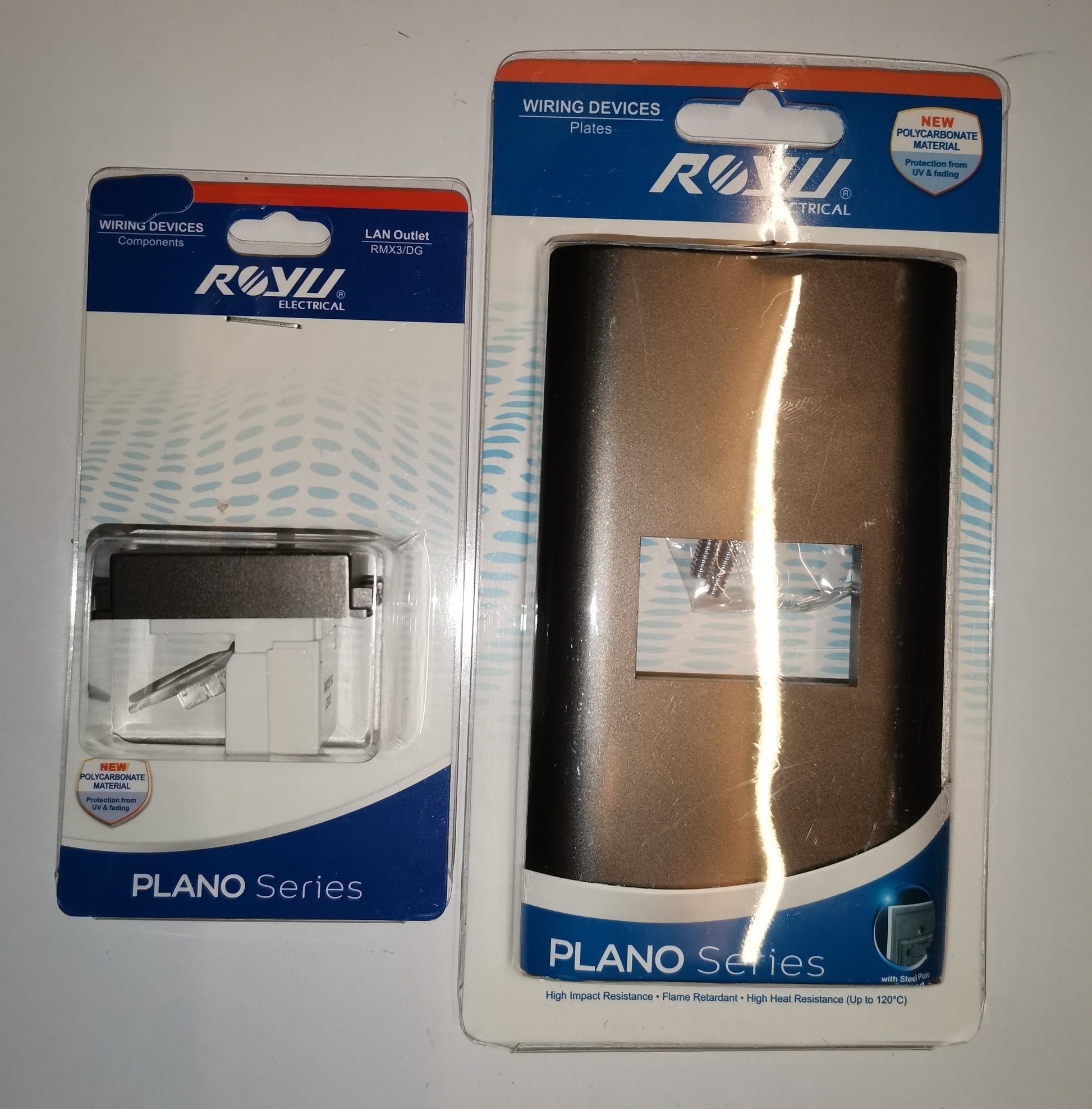 Royu Plano Series 1 Gang LAN Outlet with Plate Dark Gray in retail packaging showing outlet and faceplate