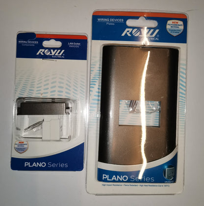 Royu Plano Series 1 Gang LAN Outlet with Plate Dark Gray in retail packaging showing outlet and faceplate