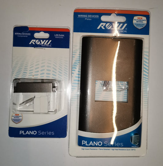 Royu Plano Series 1 Gang LAN Outlet with Plate Dark Gray in retail packaging showing outlet and faceplate