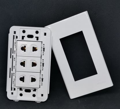 Royu 3 gang universal outlet with plate in white for versatile electrical connections