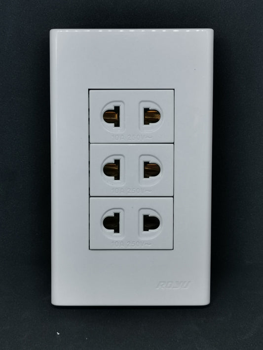 Royu 3 gang universal outlet with plate in white for multiple electrical connections