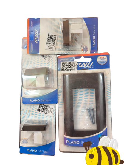 Royu 3 Gang Lan Outlet Dark Gray with Plano Series packaging showing various electrical switch and plug components