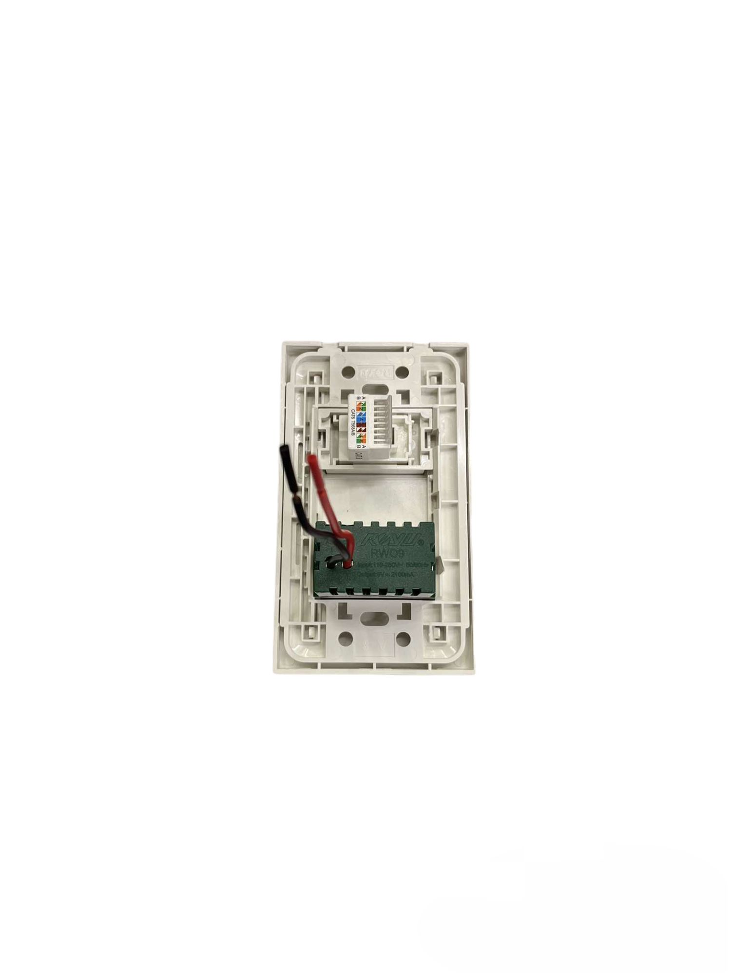 Royu USB 2 Port 2100mAh 5V and LAN Outlet wall plate back view showing internal wiring and PCB