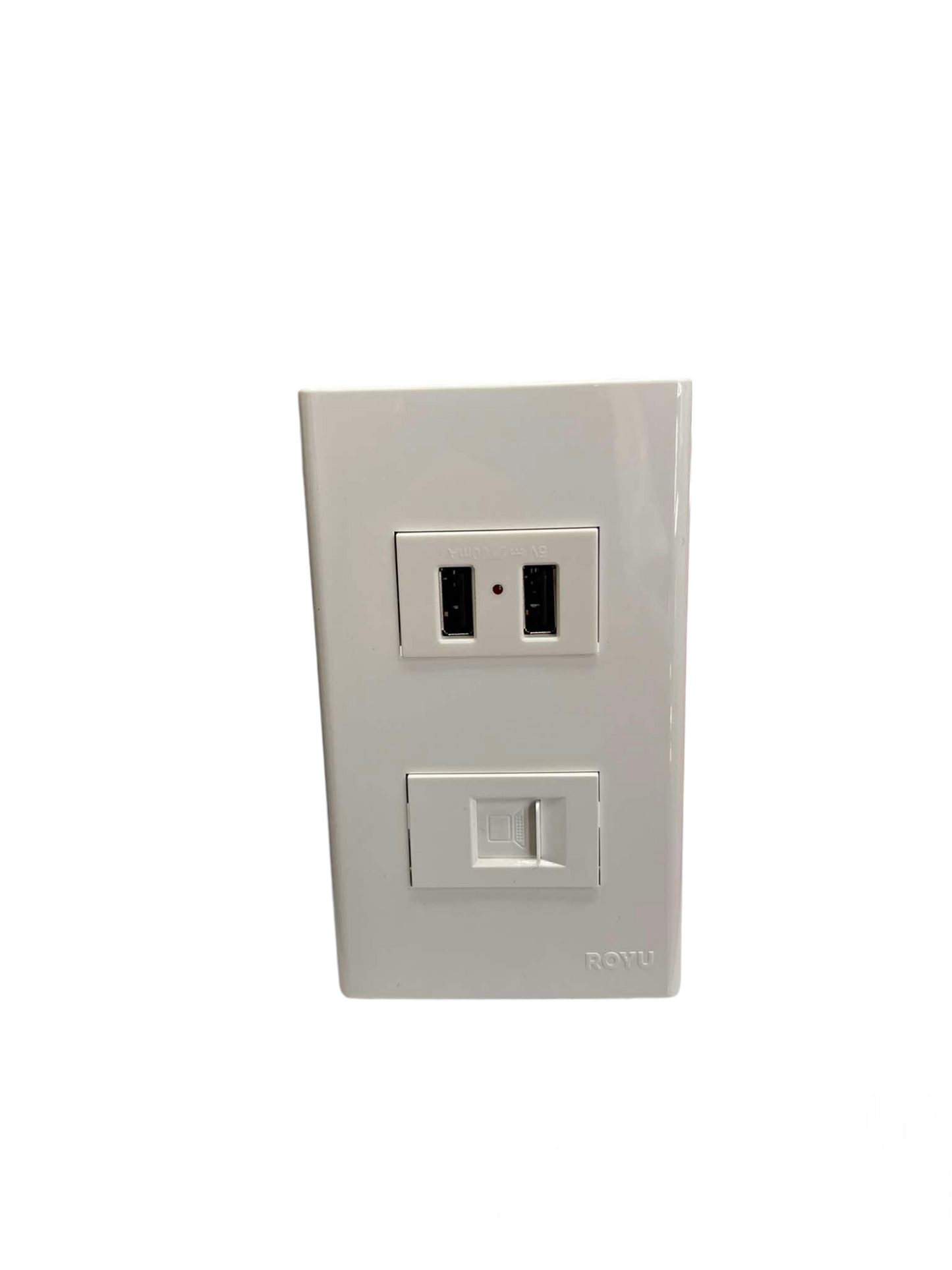 Royu wall plate with USB 2 Port 2100mAh 5V and LAN Outlet. white dual USB charging ports and Ethernet jack