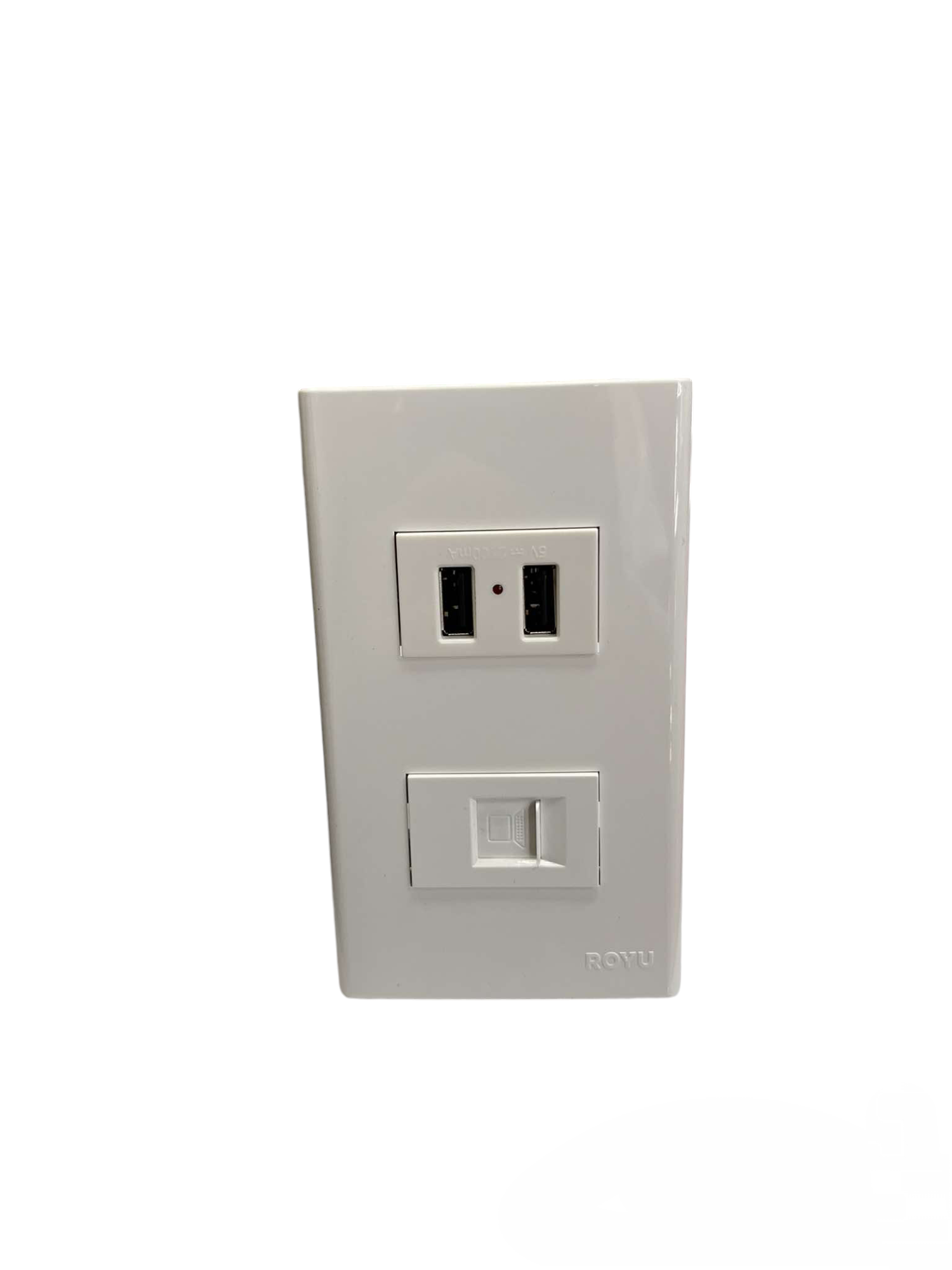 Royu wall plate with USB 2 Port 2100mAh 5V and LAN Outlet. white dual USB charging ports and Ethernet jack