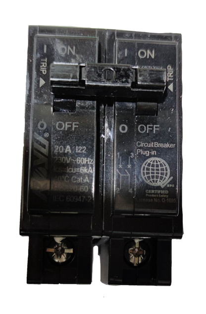 Royu 20A Circuit Breaker 2pole Plug In electrical component with on off switches and trip indicators