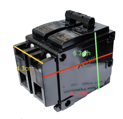 Royu 20A Circuit Breaker 2pole Plug In black electrical component with size dimensions