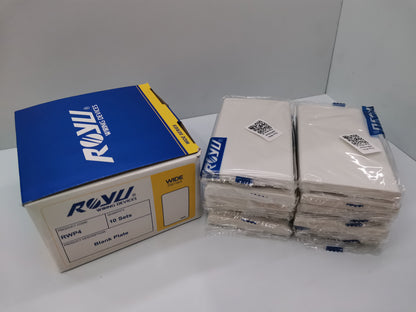 Royu Blank Faceplate Cover Plate packs showing stacked white plates and branded packaging box for power points switches and plugs