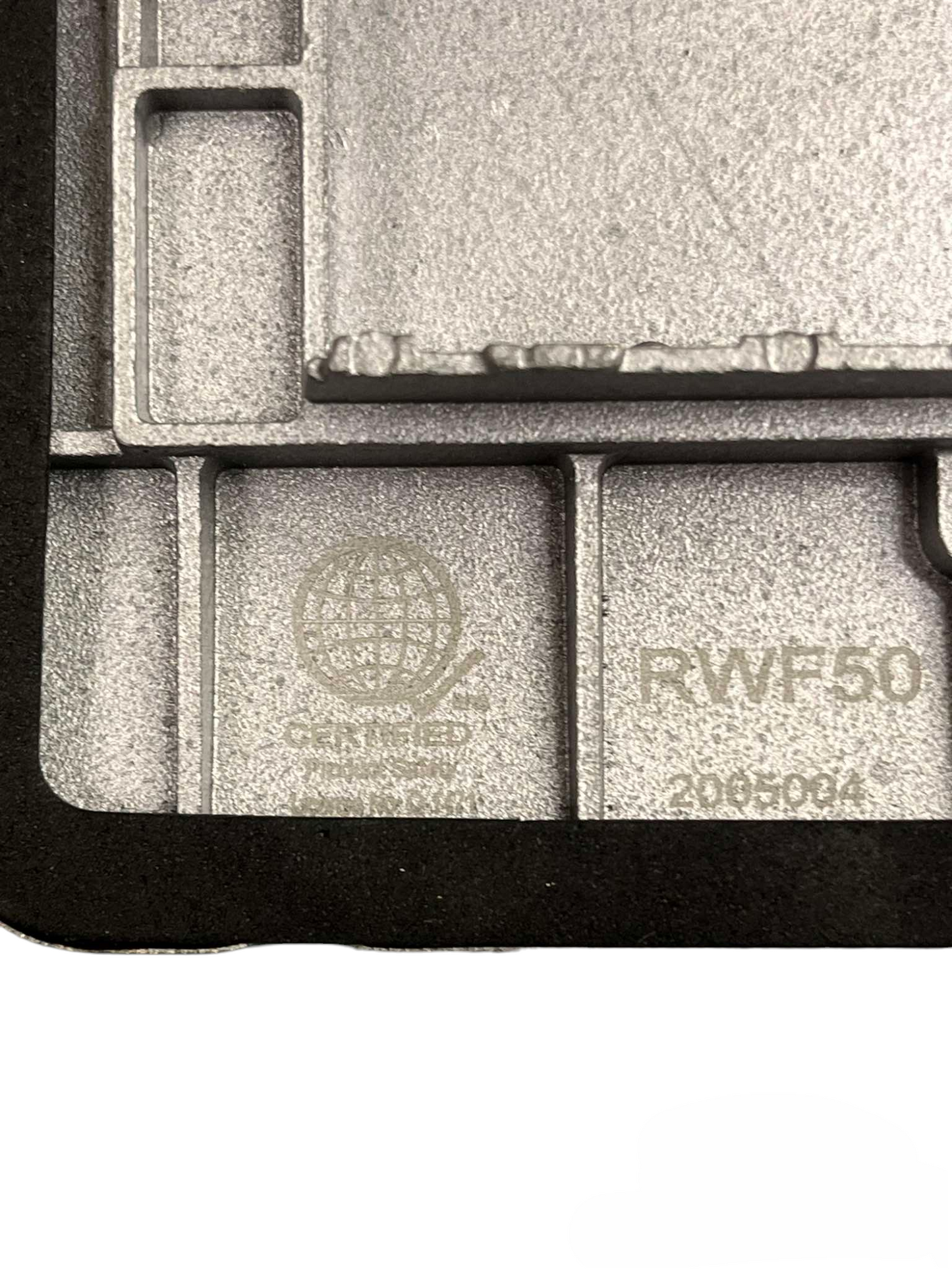 Close-up of Royu Floor Outlet 3 Gang LAN Outlet Dark Gray certification mark and model number