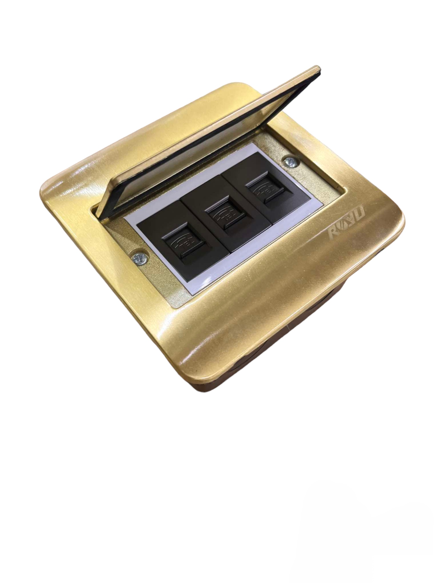 Royu Floor Outlet 3 Gang LAN Outlet Dark Gray with gold metallic frame and protective cover